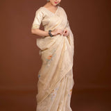 Off - White Printed Organza Saree with Embroidery Work and Lace Trim - Anvi Couture