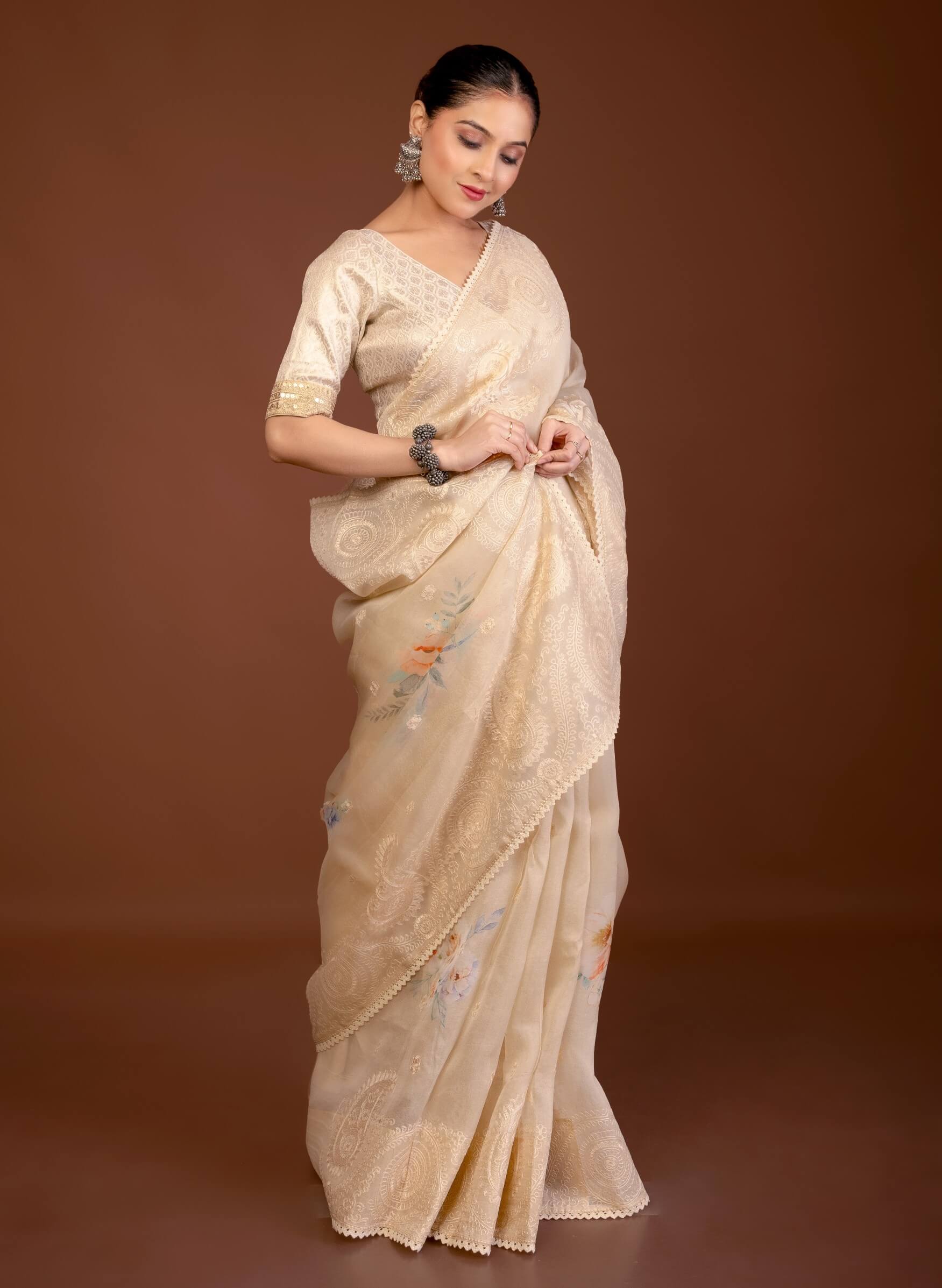 Off - White Printed Organza Saree with Embroidery Work and Lace Trim - Anvi Couture