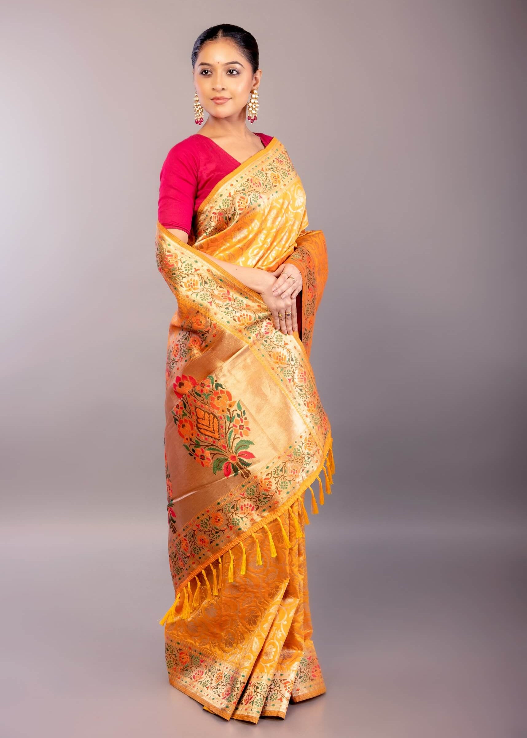 Yellow Paithani Silk Saree with Gold Zari Floral Jaal Work - Anvi Couture