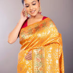 A Woman Dressed in a Yellow Paithani Silk Saree with Gold Zari Floral Jaal Work: Indian Bridal Saree, Festive Saree - Anvi Couture - Image 3