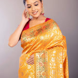 A Woman Dressed in a Yellow Paithani Silk Saree with Gold Zari Floral Jaal Work: Indian Bridal Saree, Festive Saree - Anvi Couture - Image 3