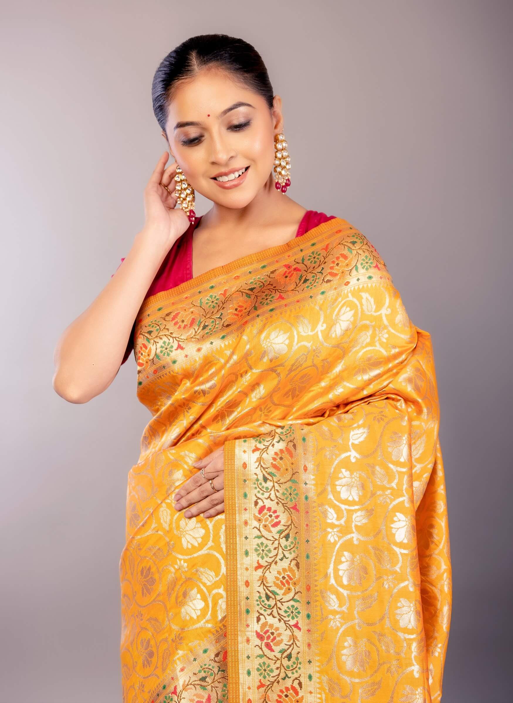 Yellow Paithani Silk Saree with Gold Zari Floral Jaal Work - Anvi Couture