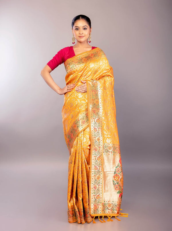 Yellow Paithani Silk Saree with Gold Zari Floral Jaal Work - Anvi Couture
