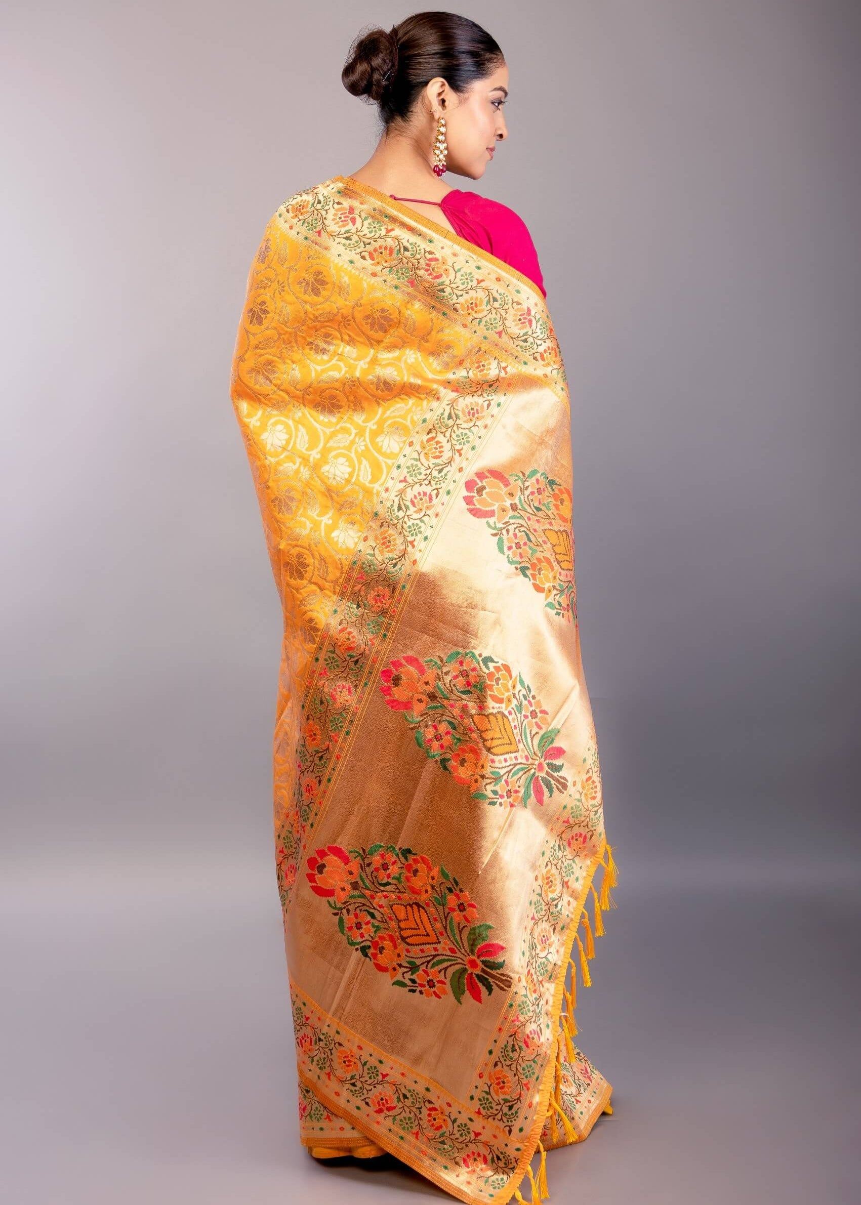 Yellow Paithani Silk Saree with Gold Zari Floral Jaal Work - Anvi Couture