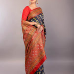 Black and Red Katha Stitch Pure Silk Saree - Anvi Couture
