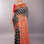 Black and Red Katha Stitch Pure Silk Saree - Anvi Couture