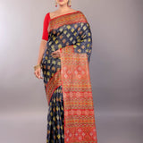 Black and Red Katha Stitch Pure Silk Saree - Anvi Couture