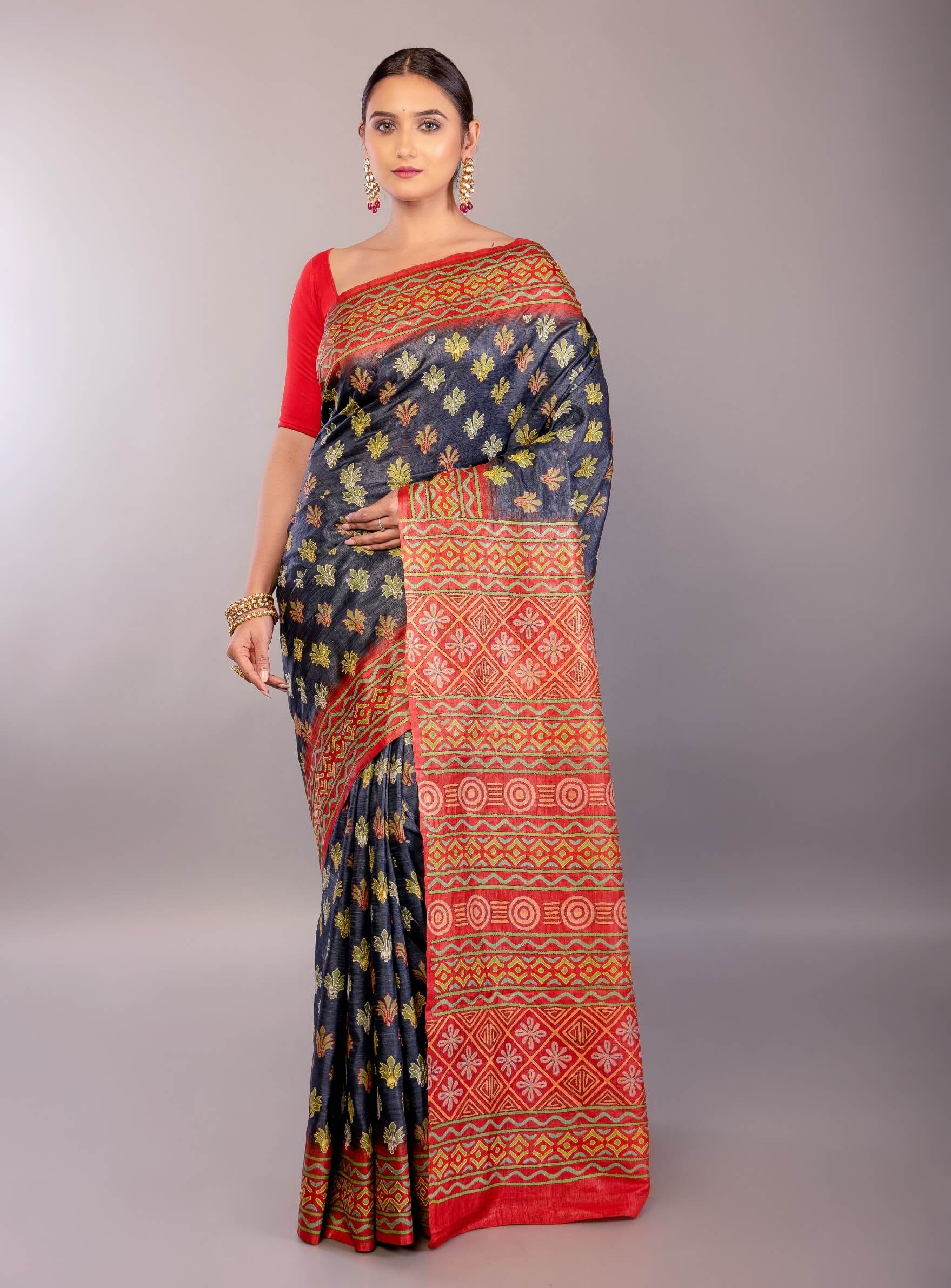 Black and Red Katha Stitch Pure Silk Saree - Anvi Couture