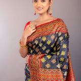 Black and Red Katha Stitch Pure Silk Saree - Anvi Couture