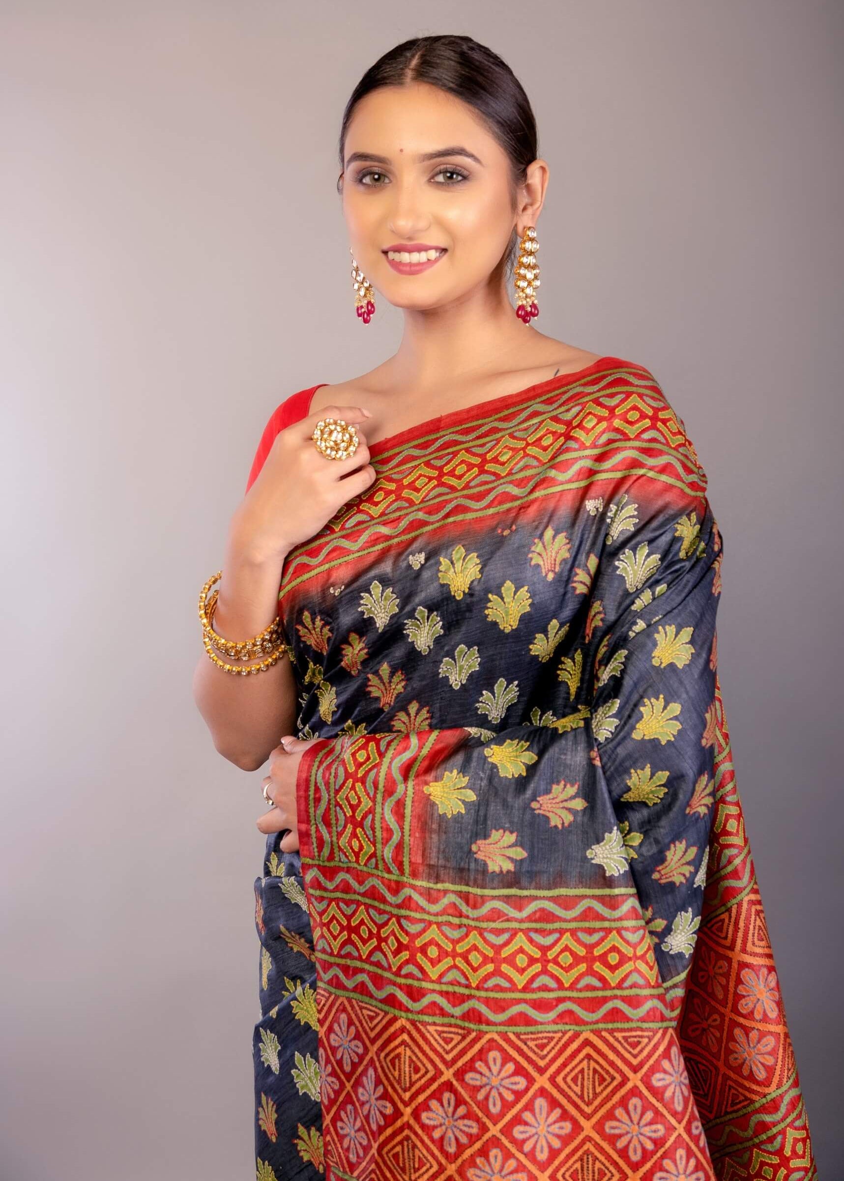 Black and Red Katha Stitch Pure Silk Saree - Anvi Couture