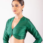 Elegant Green Full Sleeve Blouse with Deep V - Neckline and Front Closure - Anvi Couture