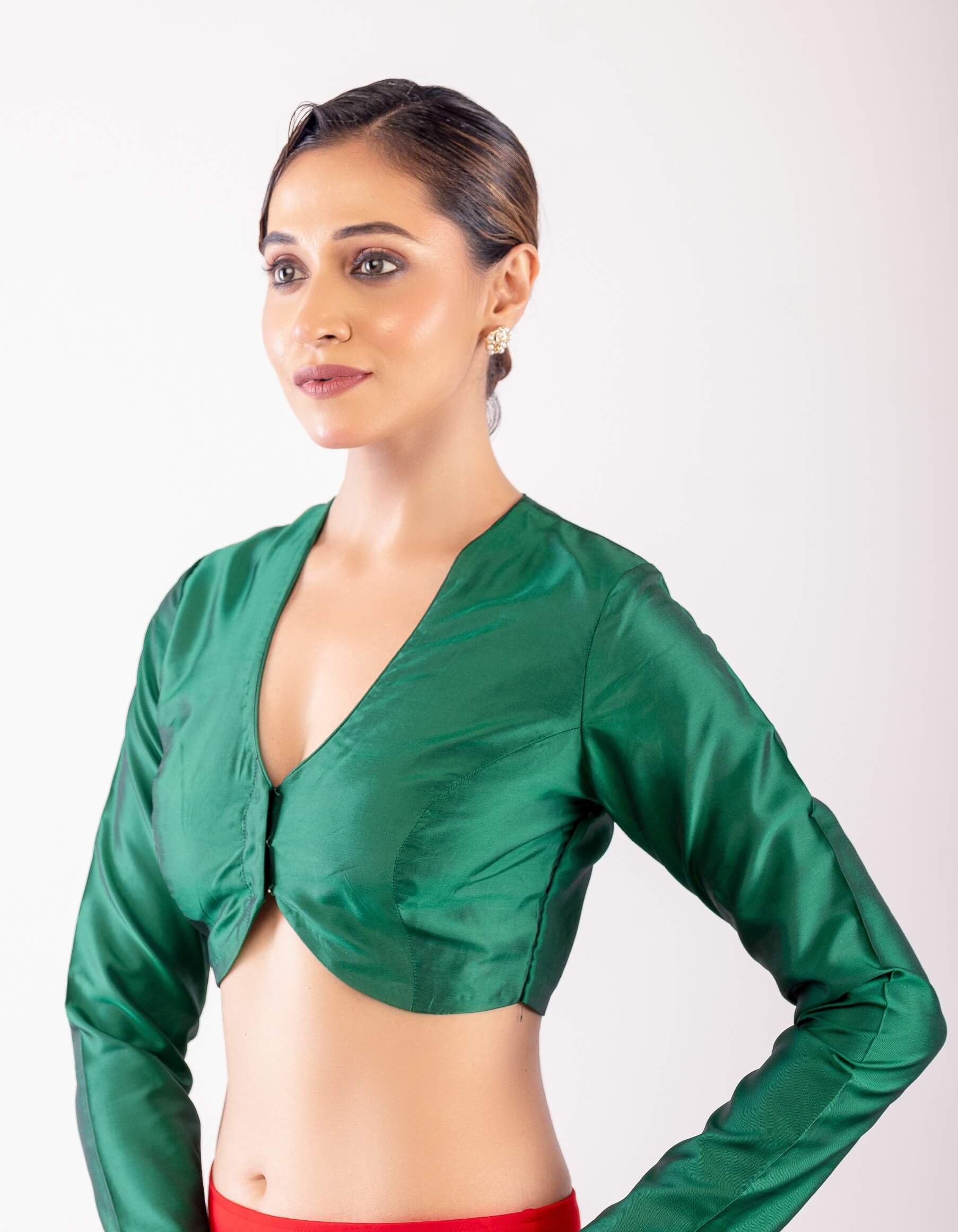 Elegant Green Full Sleeve Blouse with Deep V - Neckline and Front Closure - Anvi Couture
