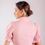Pink Hakoba Blouse with Puff Sleeves and Collar Neckline - Anvi Couture