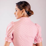 Pink Hakoba Blouse with Puff Sleeves and Collar Neckline - Anvi Couture