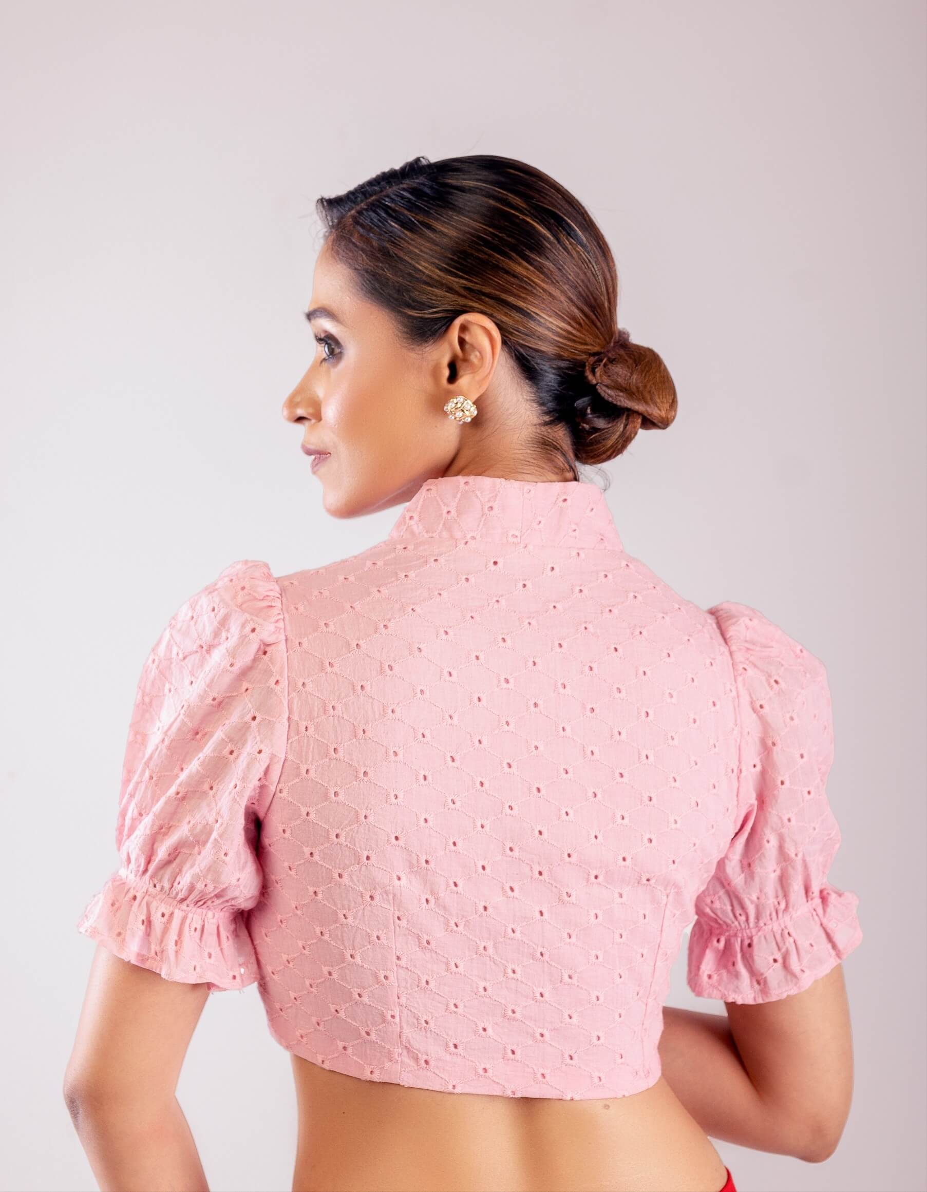 Pink Hakoba Blouse with Puff Sleeves and Collar Neckline - Anvi Couture