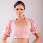 Pink Hakoba Blouse with Puff Sleeves and Collar Neckline - Anvi Couture