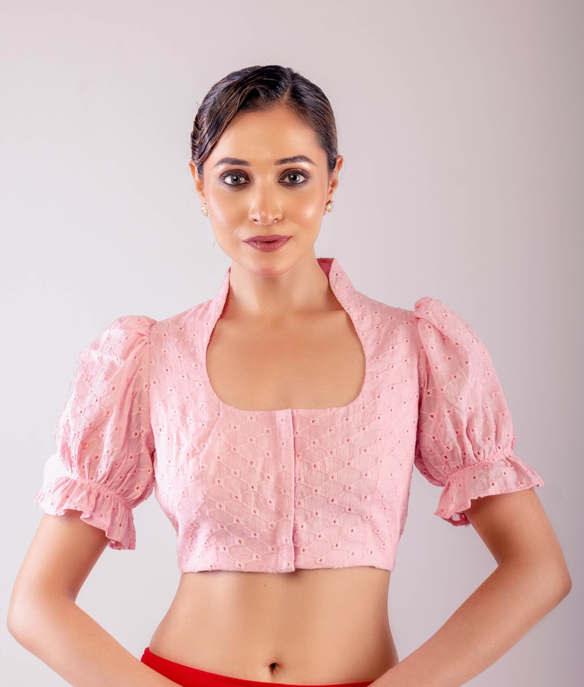 Pink Hakoba Blouse with Puff Sleeves and Collar Neckline - Anvi Couture