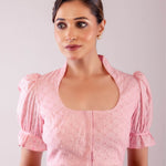 Pink Hakoba Blouse with Puff Sleeves and Collar Neckline - Anvi Couture