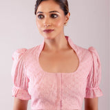 Pink Hakoba Blouse with Puff Sleeves and Collar Neckline - Anvi Couture