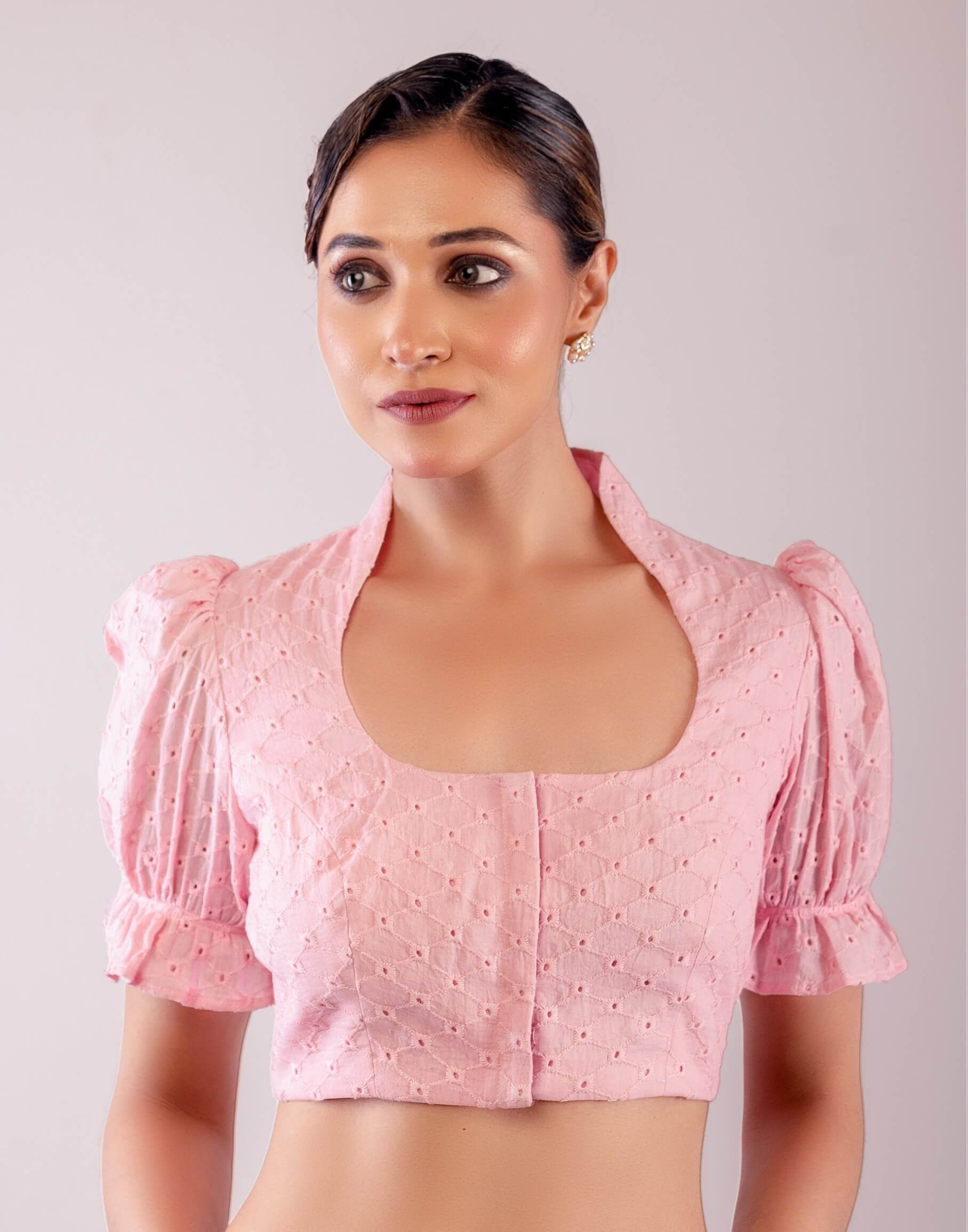 Pink Hakoba Blouse with Puff Sleeves and Collar Neckline - Anvi Couture
