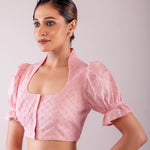 Pink Hakoba Blouse with Puff Sleeves and Collar Neckline - Anvi Couture