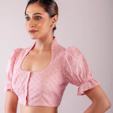 Pink Hakoba Blouse with Puff Sleeves and Collar Neckline - Anvi Couture