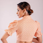Peach Hakoba Blouse with Puff Sleeves and Mandarin Collar Neckline - Anvi Couture