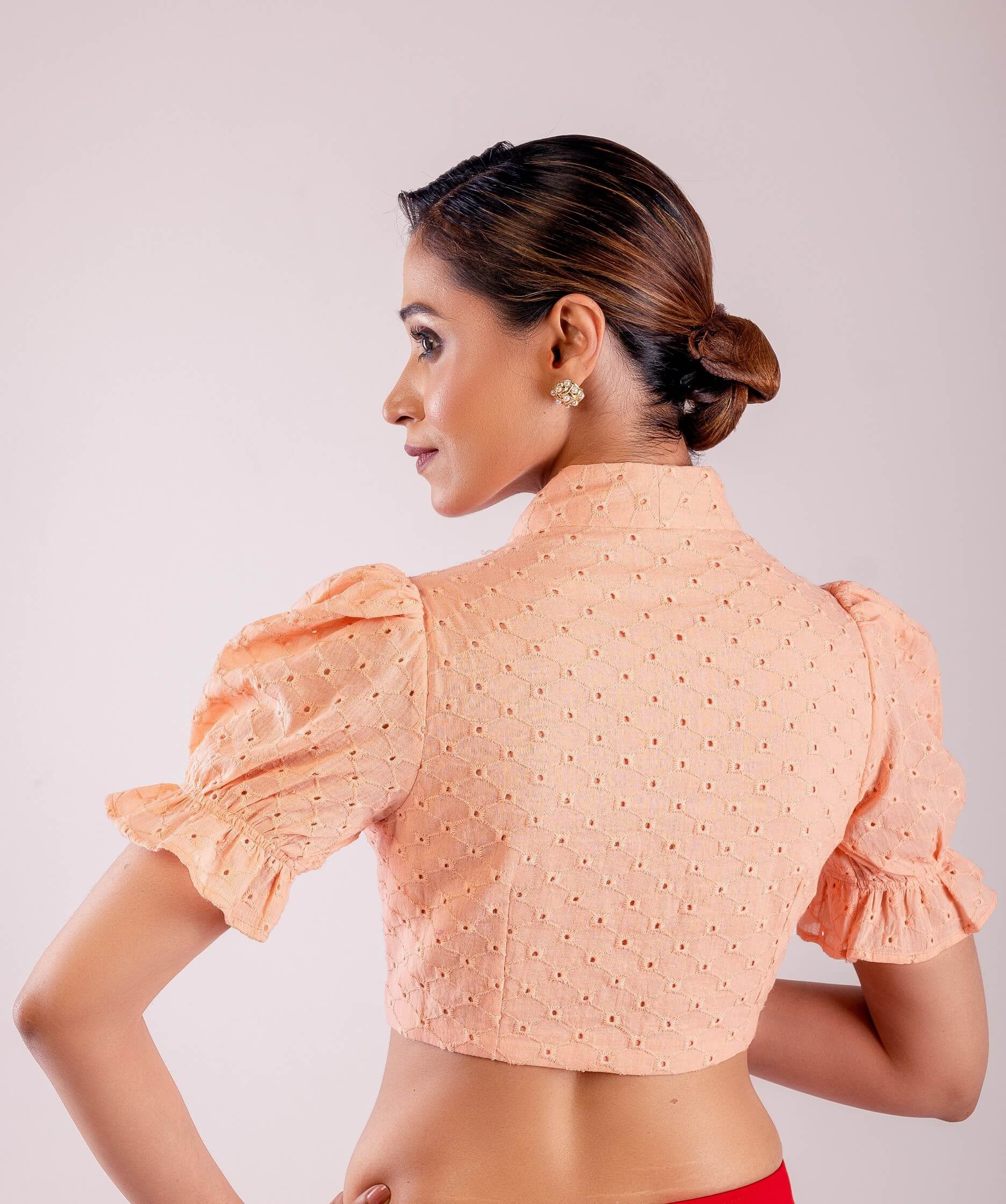 Peach Hakoba Blouse with Puff Sleeves and Mandarin Collar Neckline - Anvi Couture