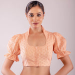 Peach Hakoba Blouse with Puff Sleeves and Mandarin Collar Neckline - Anvi Couture