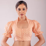 Peach Hakoba Blouse with Puff Sleeves and Mandarin Collar Neckline - Anvi Couture