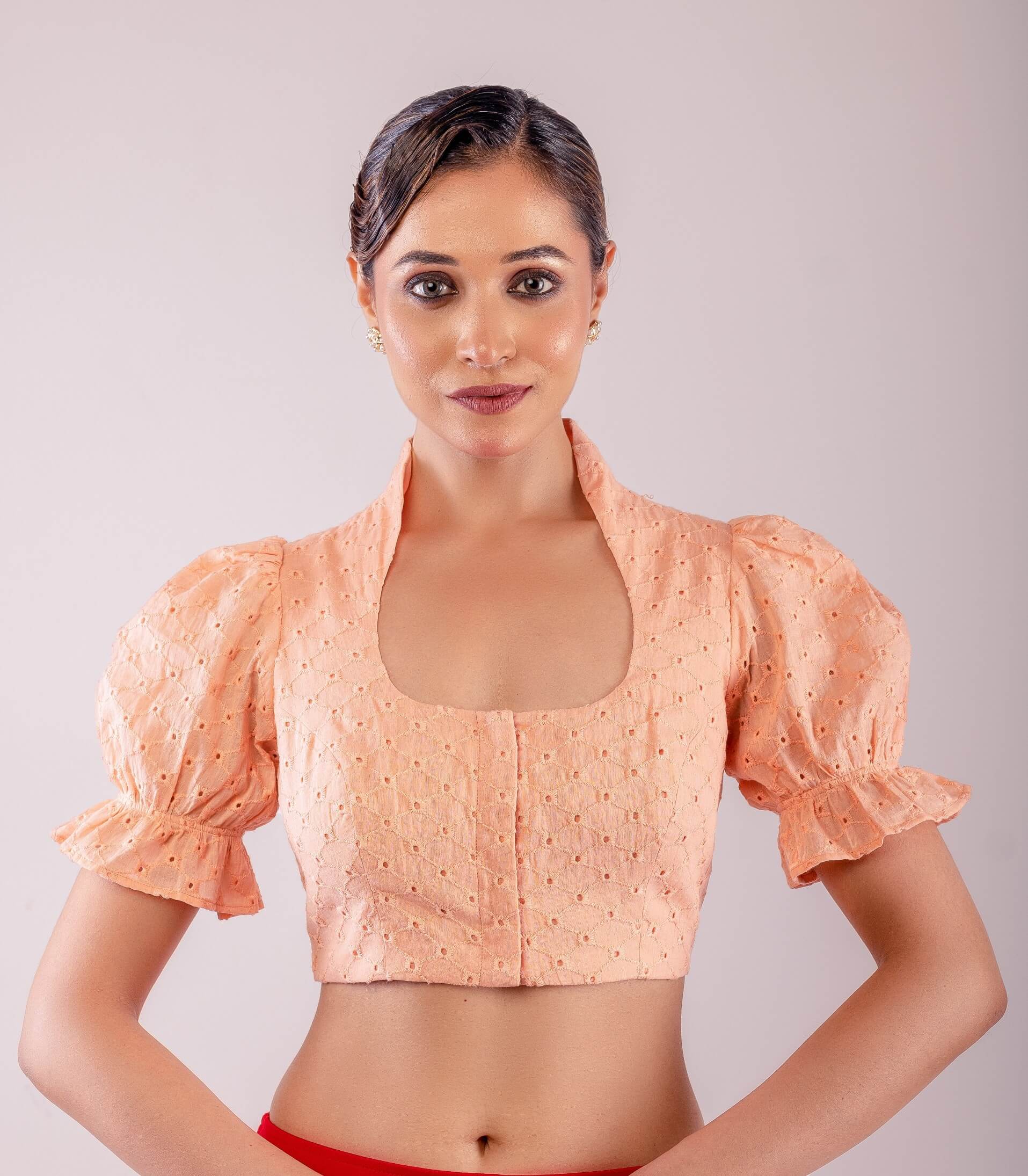Peach Hakoba Blouse with Puff Sleeves and Mandarin Collar Neckline - Anvi Couture