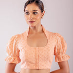 Peach Hakoba Blouse with Puff Sleeves and Mandarin Collar Neckline - Anvi Couture