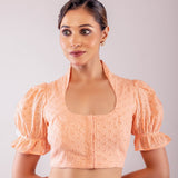 Peach Hakoba Blouse with Puff Sleeves and Mandarin Collar Neckline - Anvi Couture