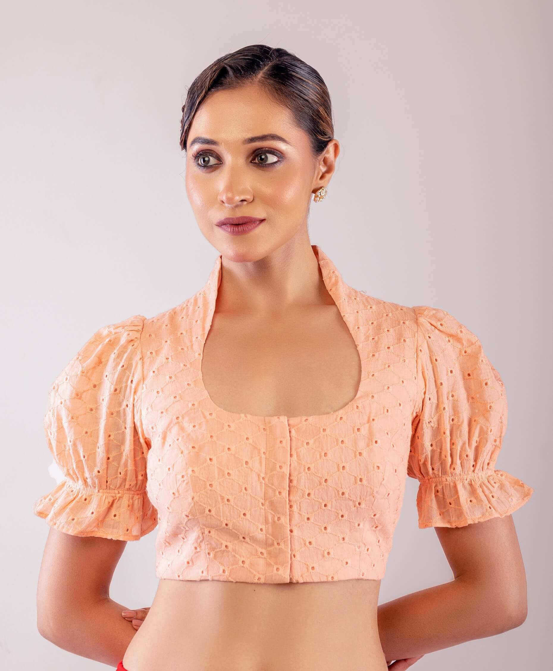 Peach Hakoba Blouse with Puff Sleeves and Mandarin Collar Neckline - Anvi Couture