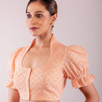 Peach Hakoba Blouse with Puff Sleeves and Mandarin Collar Neckline - Anvi Couture