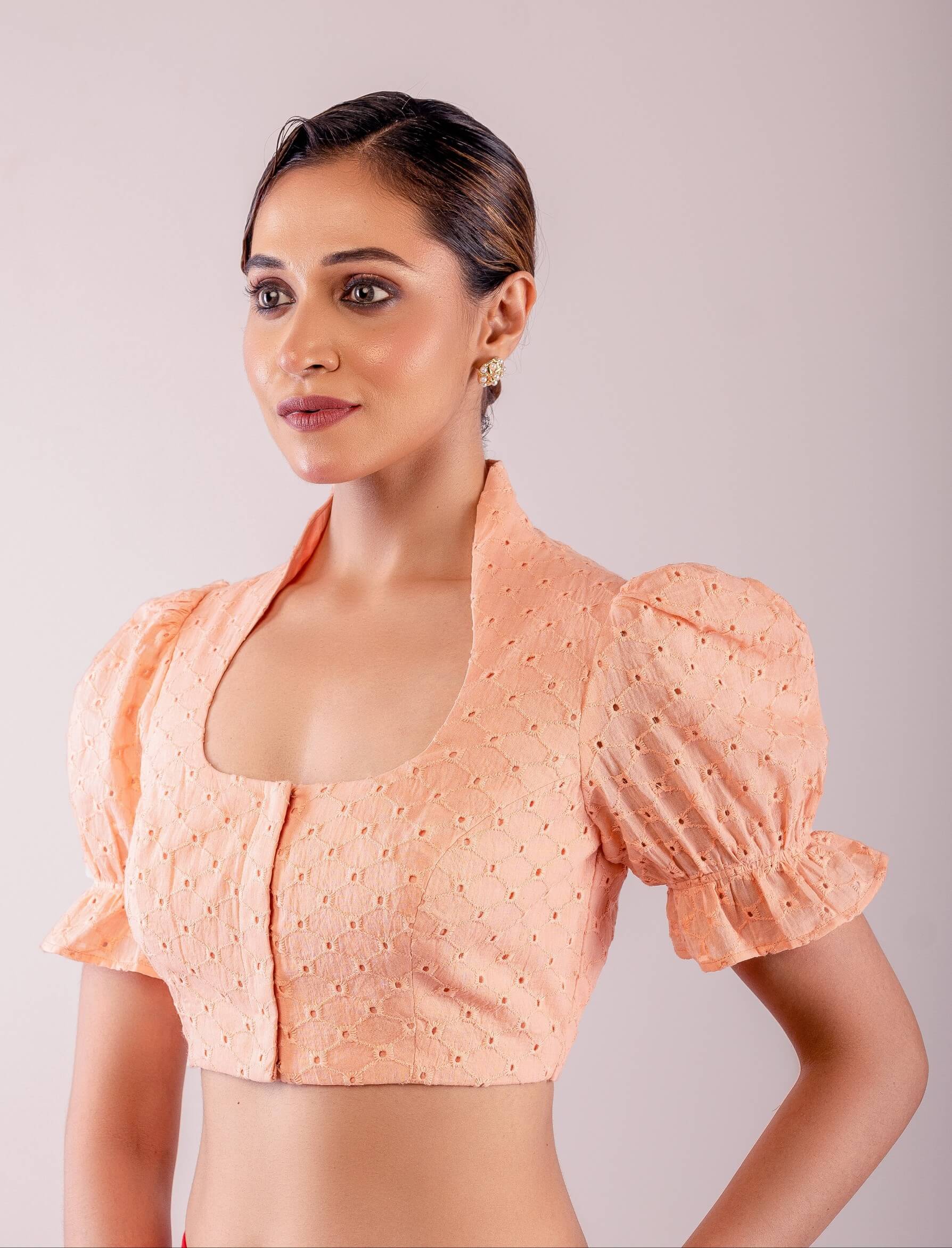 Peach Hakoba Blouse with Puff Sleeves and Mandarin Collar Neckline - Anvi Couture