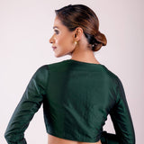 Dark Green Full Sleeve Traditional Silk Blouse with V - Neckline - Anvi Couture