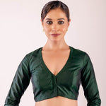 Dark Green Full Sleeve Traditional Silk Blouse with V - Neckline - Anvi Couture