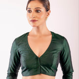 Dark Green Full Sleeve Traditional Silk Blouse with V - Neckline - Anvi Couture