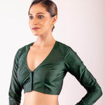 Dark Green Full Sleeve Traditional Silk Blouse with V - Neckline - Anvi Couture