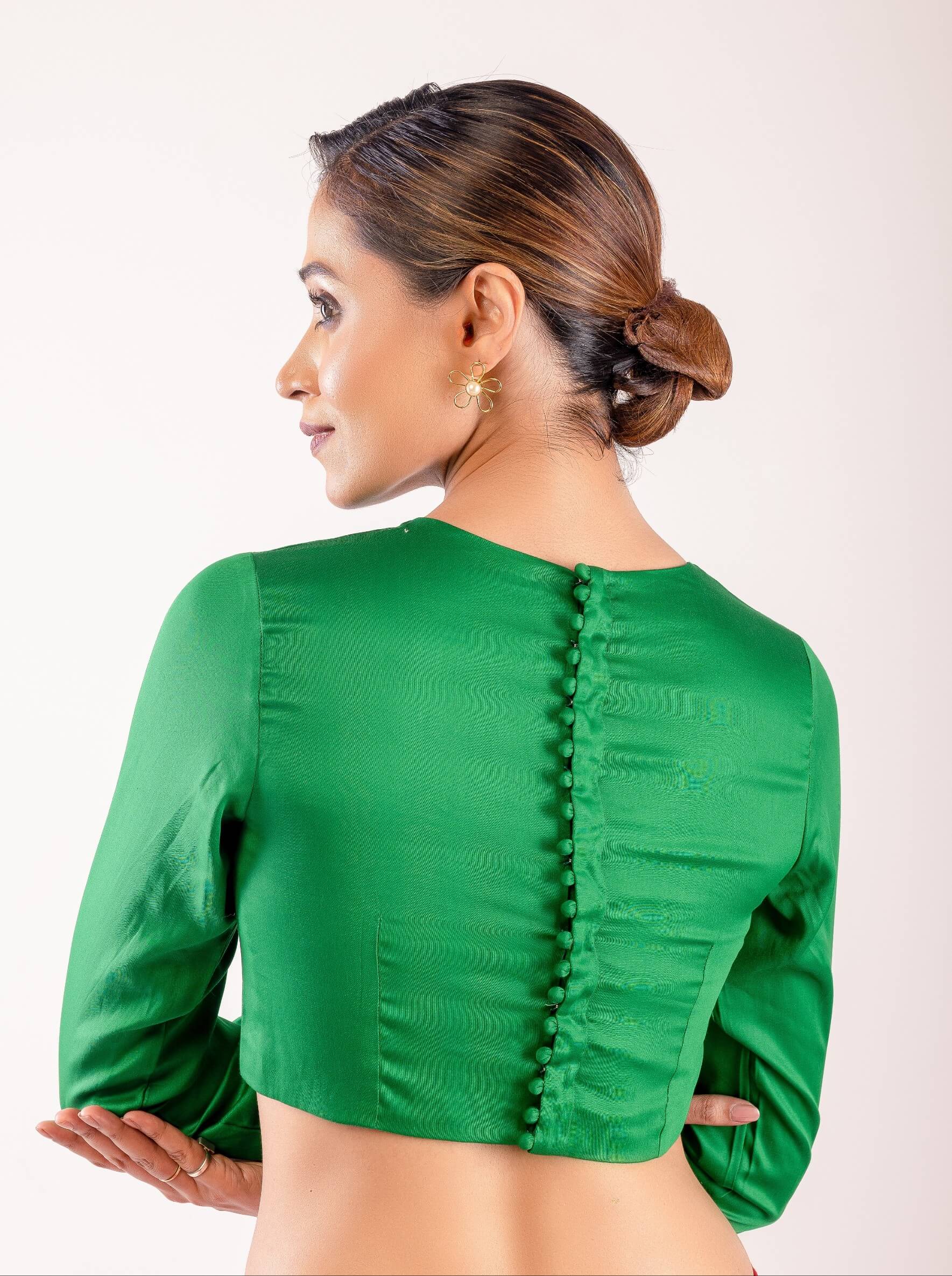 Green Close Neck Full sleeve Blouse with Button Back Closure - Anvi Couture