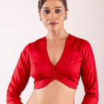 Red Full Sleeve Blouse in Cotton Silk with Plunging V Neckline - Anvi Couture