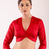 Red Full Sleeve Blouse in Cotton Silk with Plunging V Neckline - Anvi Couture