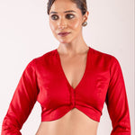 Red Full Sleeve Blouse in Cotton Silk with Plunging V Neckline - Anvi Couture