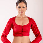 Red Cotton Silk Blouse with Full Sleeves and Round Neckline - Anvi Couture
