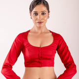 Red Cotton Silk Blouse with Full Sleeves and Round Neckline - Anvi Couture