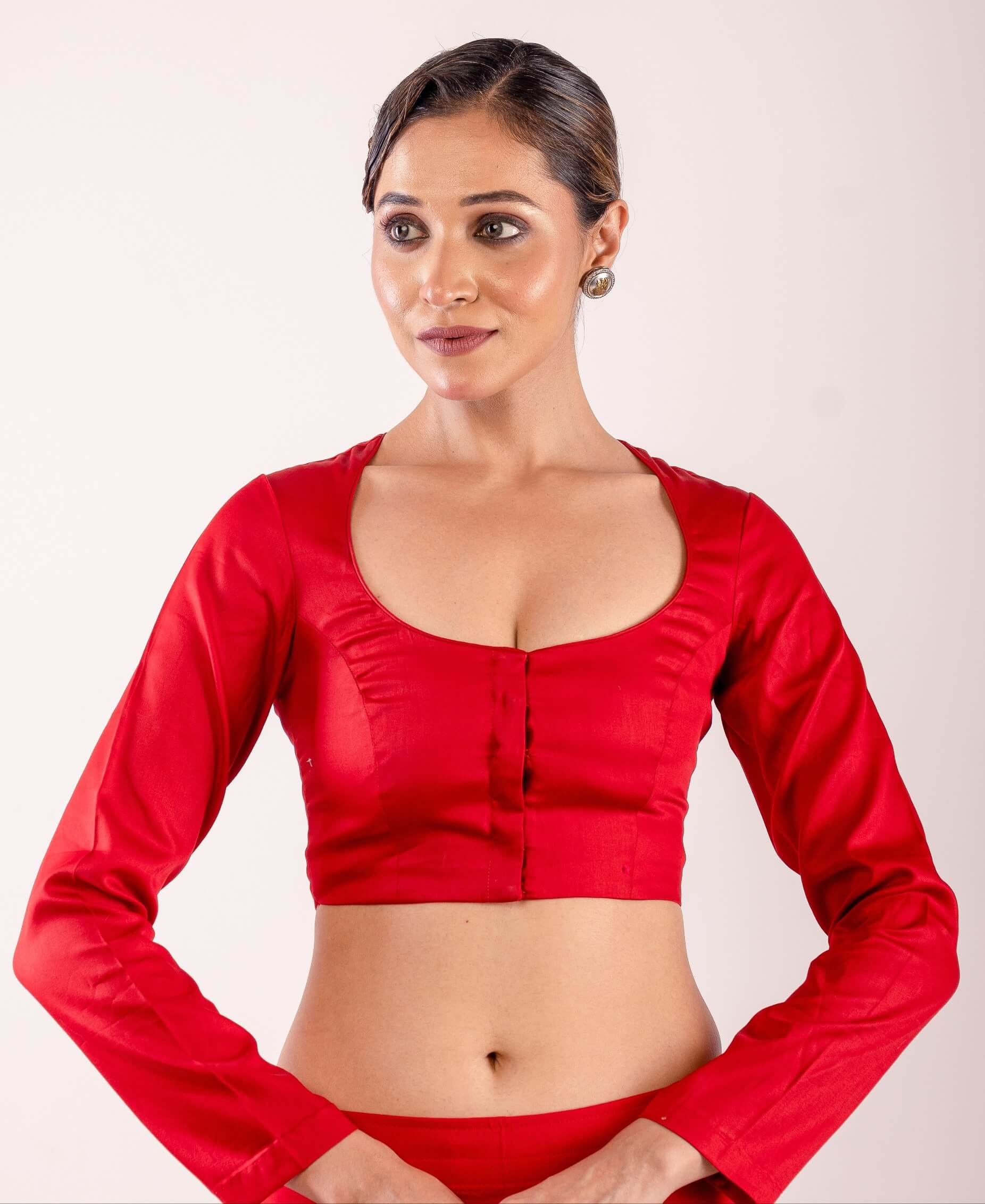 Red Cotton Silk Blouse with Full Sleeves and Round Neckline - Anvi Couture