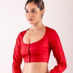 Red Cotton Silk Blouse with Full Sleeves and Round Neckline - Anvi Couture