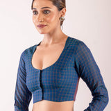 Blue South Indian Style Full Sleeve Blouse with Check Detail and Back Zari Panel - Anvi Couture