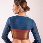 Blue South Indian Style Full Sleeve Blouse with Check Detail and Back Zari Panel - Anvi Couture